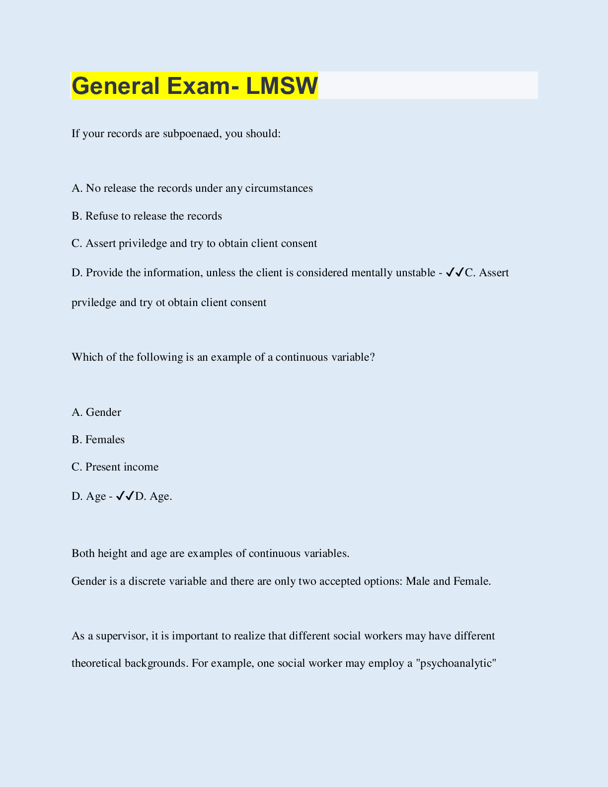 Preview image for General Exam- LMSW |  170 Questions with 100% Correct Answers | Updated 2023 | 85 Pages